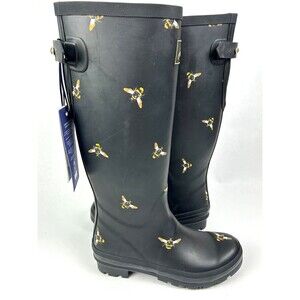 JOULES Women's Tall Welly Rain Boots Black with Bees Size US 6 NWT